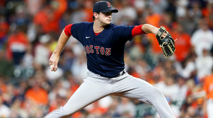 Oct 16, 2021; Houston, Texas, USA; Boston Red Sox relief pitcher Garrett Whitlock (72) pitches against the Houston Astros during the seventh inning in game two of the 2021 ALCS at Minute Maid Park.